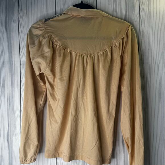 Vintage 80s Shiny Tan Blouse Lace Trim Button Up Shirt Women’s Medium Taiwan - Picture 3 of 6